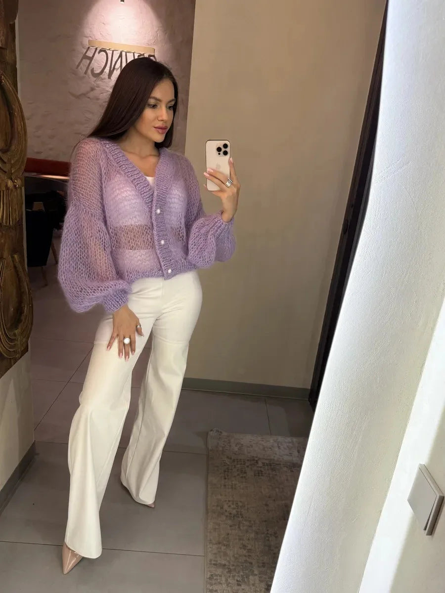 Loose Fit Open Knit V Neck Cardigan Sweater for Women