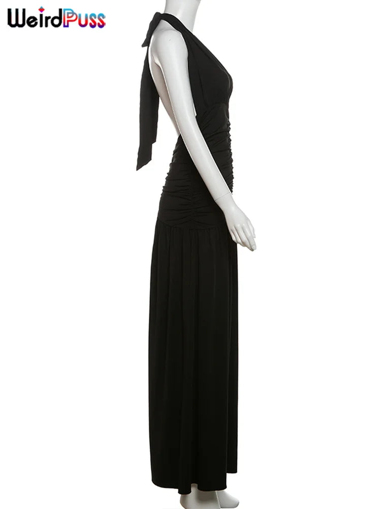 Weird Puss Deep V-Neck Halter Dress Woman Summer  Ruffles Splits Backless Elegant Patchwork Solid Party Coquette Sexy Vestidos