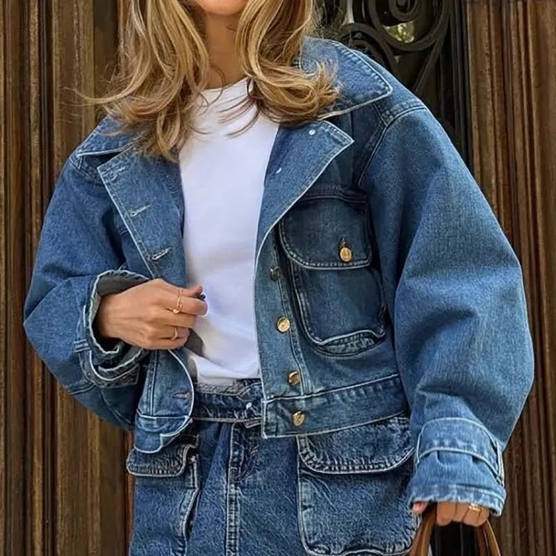 Office Lady Lapel Long Sleeved Jacket Fashion Street Single Breasted Pocket Short Outwear Autumn Winter Women Casual Denim Coat