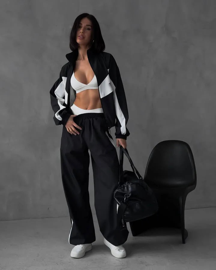 Casual Contrast Color Zipper Tracksuit Set for Women