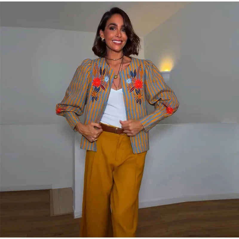 Elegant Striped Embroidered Open Stitch Jacket for Women