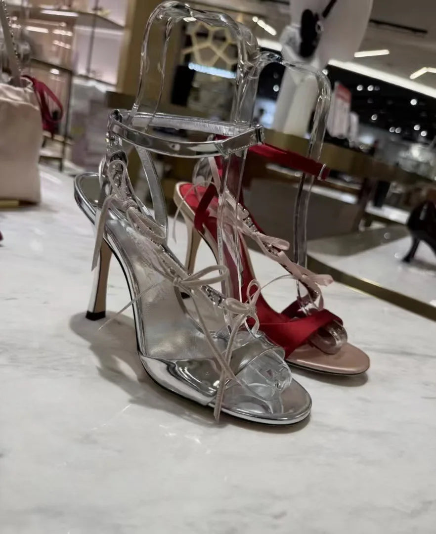 Red Satin Rhinestone Strappy Heels