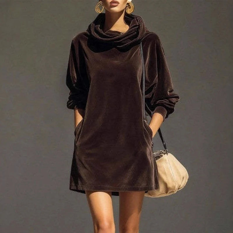 Autumn Winter Solid Velvet Pullovers Dress Woman Fashion Pile Collar Straight Mini Dress Vintage Long Sleeve Pocket A-Line Dress