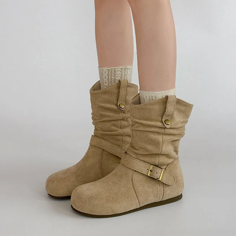 Retro Suede Buckle Slip On Western Ankle Boots for Women