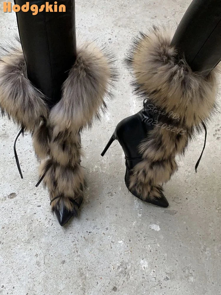 Faux Fur Lace Up Stiletto Knee High Boots for Women