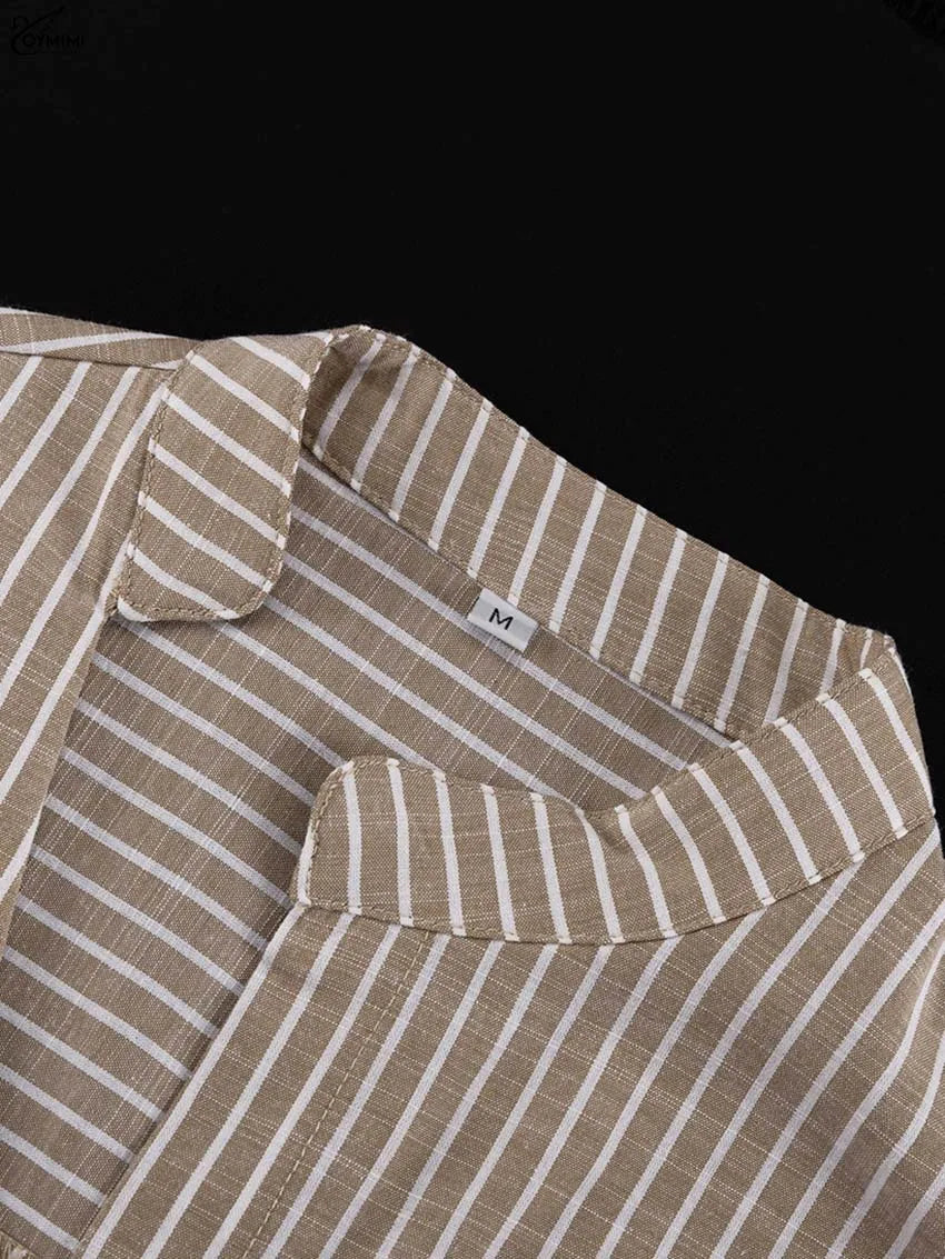 Oymimi Fashion Brown Striped Print Women Top Elegant Long Sleeve Pockets Lace-Up Blouses Spring Casual New Lapel Button Shirts