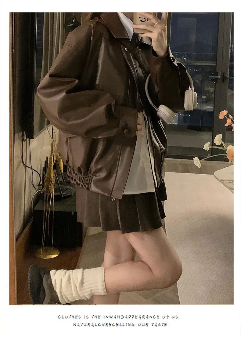 Short American Retro PU Leather Baseball Jacket for Women