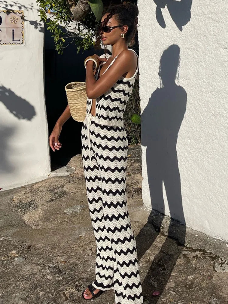 2025 Wave Striped Knit 2 Piece-Set Women's Fashion Top Lace-up Long Pant Knitwear Sets Holiday Swimsuit Cover Up Outfits K130