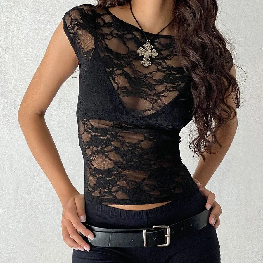 Sheer Lace Short Sleeve Round Neck See Through Tee for Women