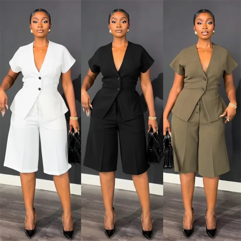 Elegant Workwear Two Piece Set with V Neck Top and Knee Length Shorts for Women