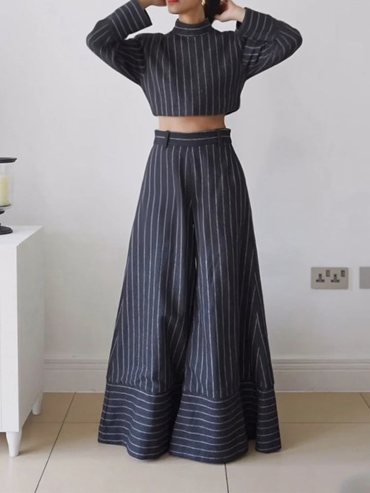Gymystars Fall Women' Striped Pants Sets Striped Fashion Long Sleeves High Neck Blouses Loose Wide Leg Trousers Female Overalls