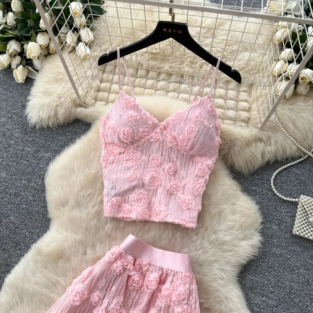 3D Floral Lace Camisole and Pleated Skirt Set for Women