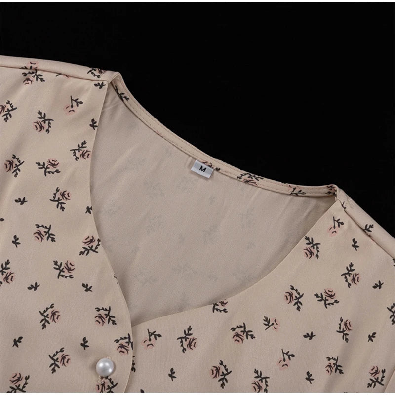V Neck Button Lantern Sleeve Print Waistband Dress for Women