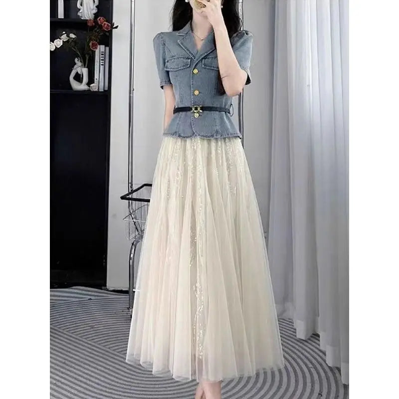 Slim Waist Denim Jacket and Mesh Skirt Two Piece Set for Women