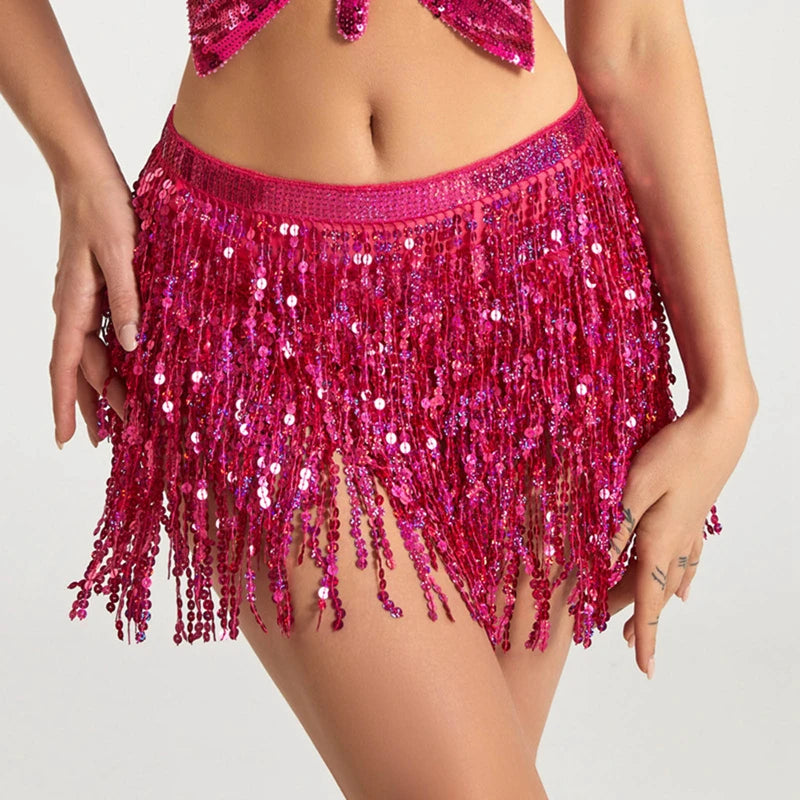 Gleaming Sequined Tassel Waist Chain Dress for Women