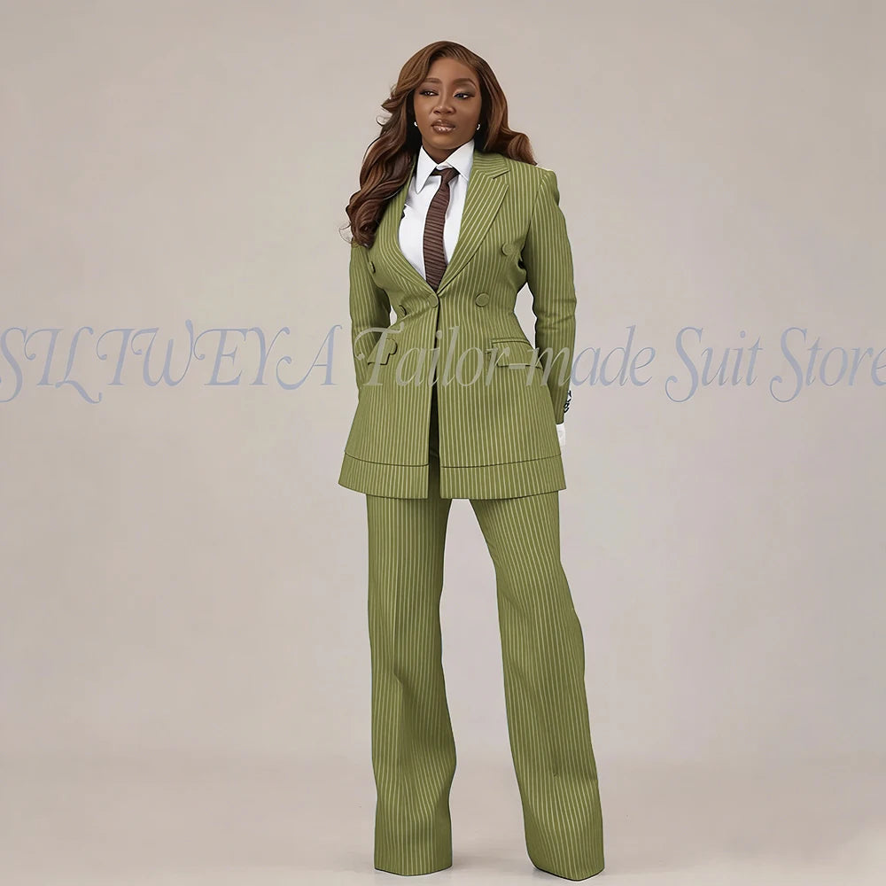 Slim Fit Brown Striped Blazer Set With Pants For Women