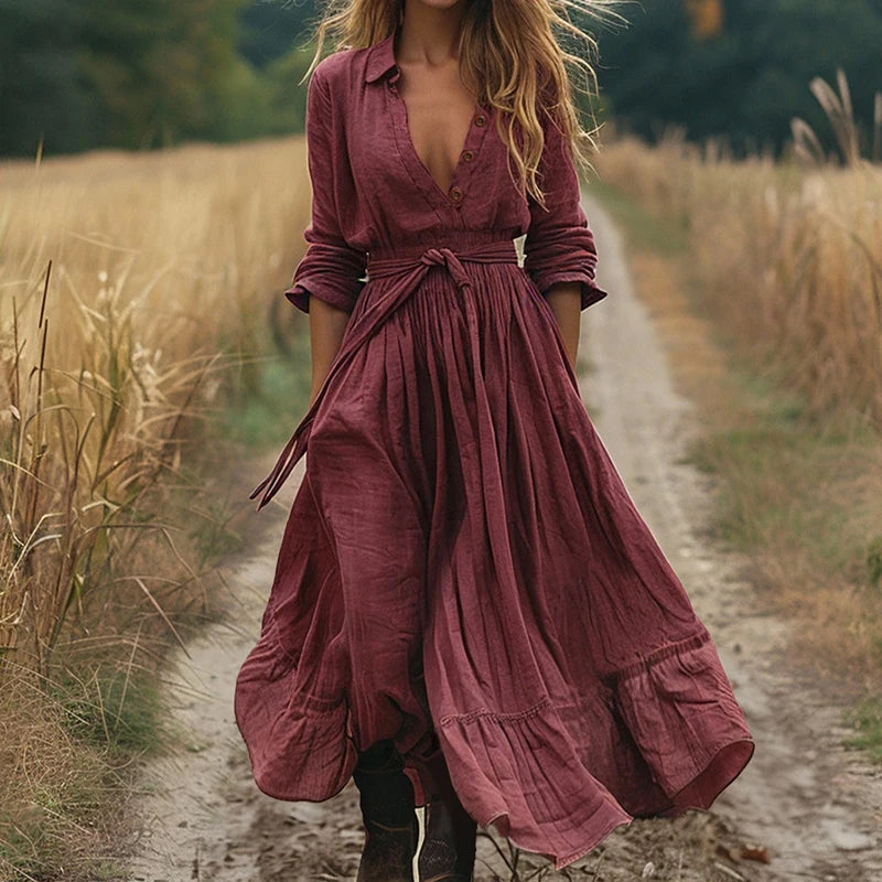 Turn-Down Collar Lace-Up Simple Maxi Dress, Women Spring Autumn Long Sleeve Chic Party Dress, Holiday Solid Elegant Ladies Dress