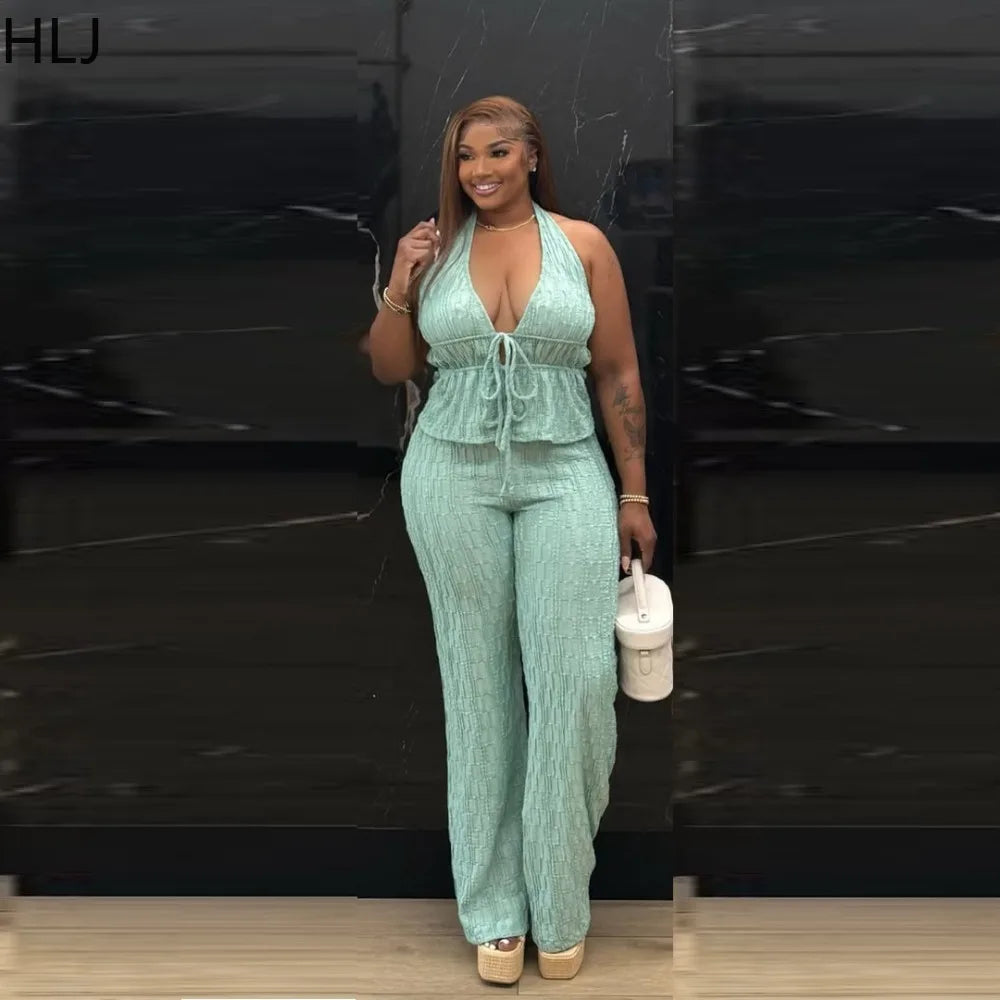 Casual Jacquard Halter Top and Wide Leg Pants Set for Women