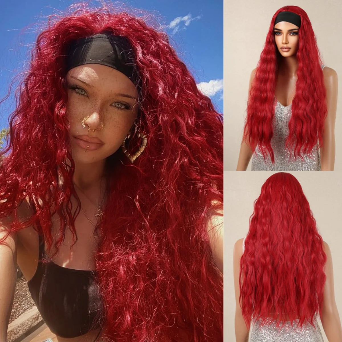 Long Red Body Wave Headband Synthetic Wig for Women