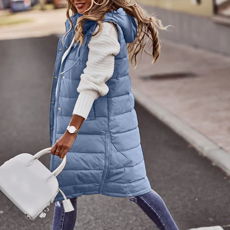 Warm Hooded Longline Sleeveless Vest Coat for Women