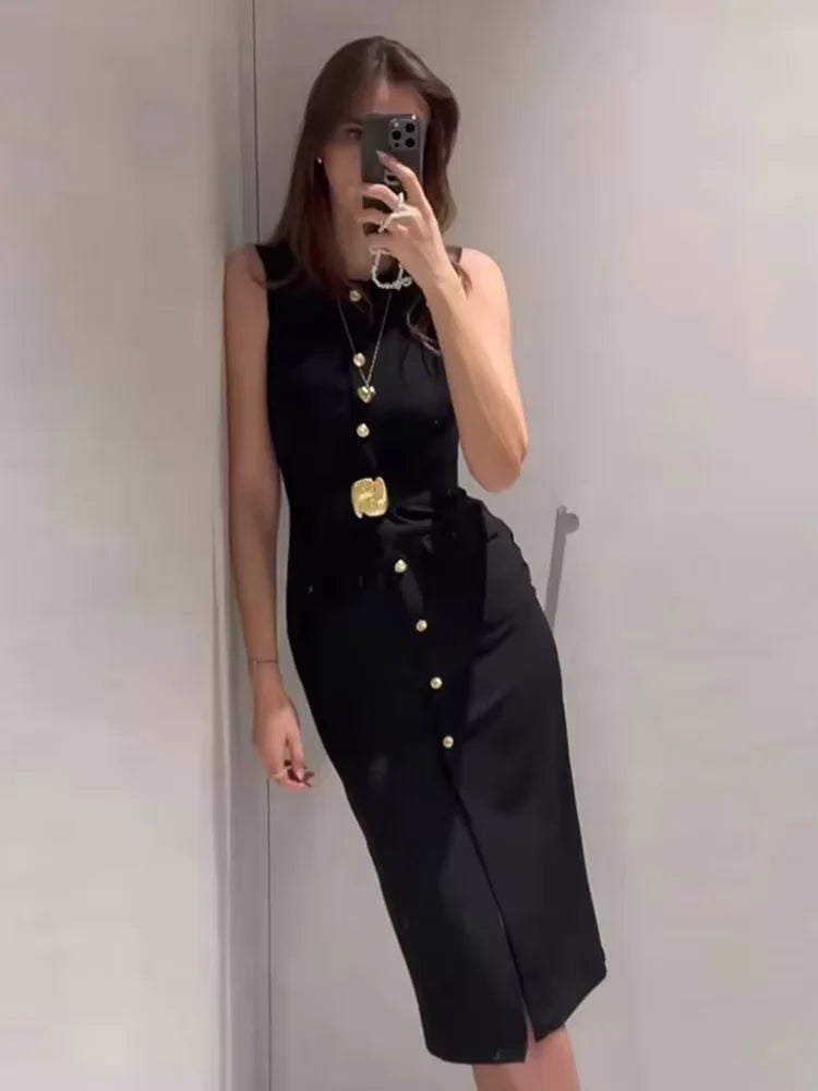Sleek Belted Round Neck Classic Office Suit Set for Women