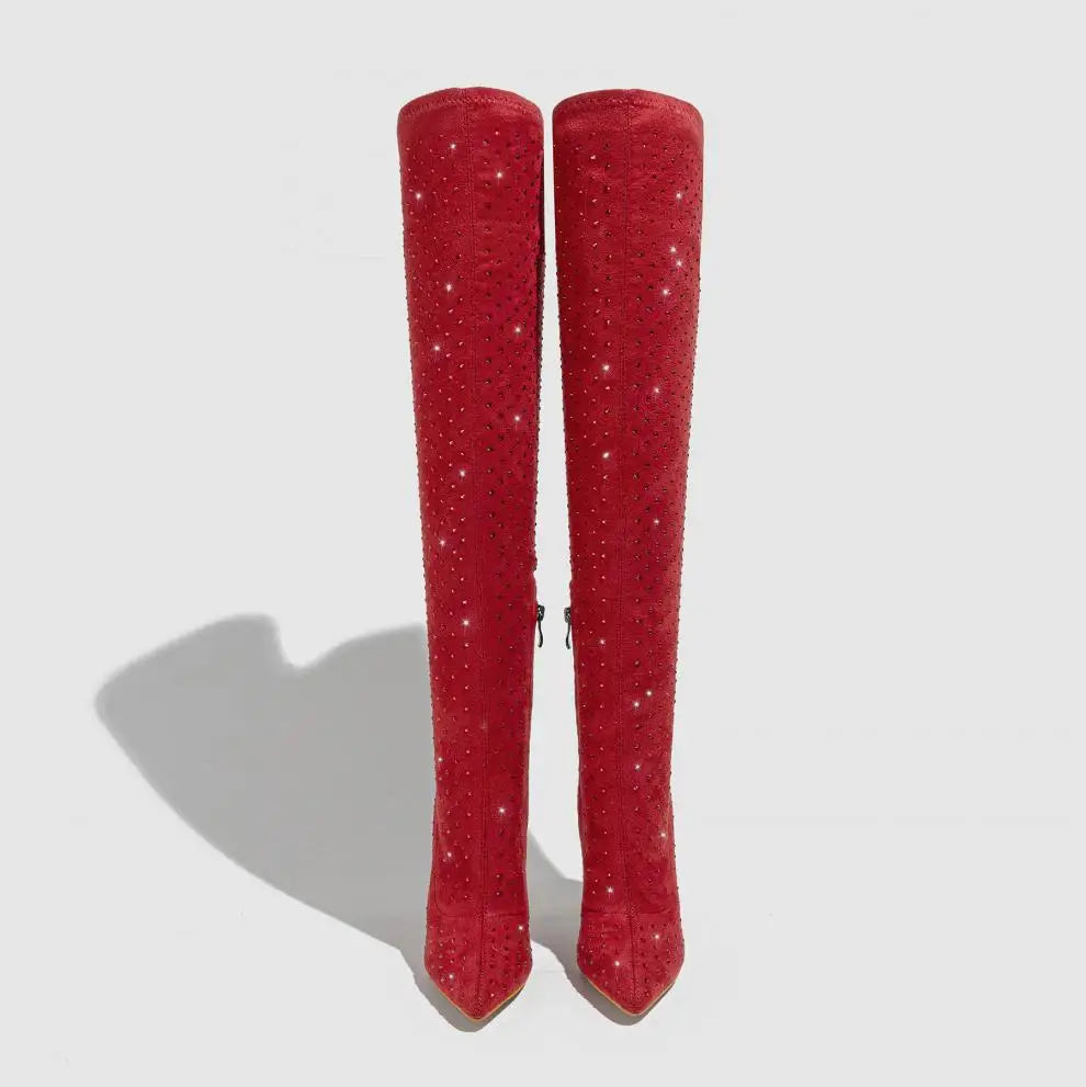 Stylish Suede Over The Knee Rhinestone Pointed Toe High Heel Boots for Women