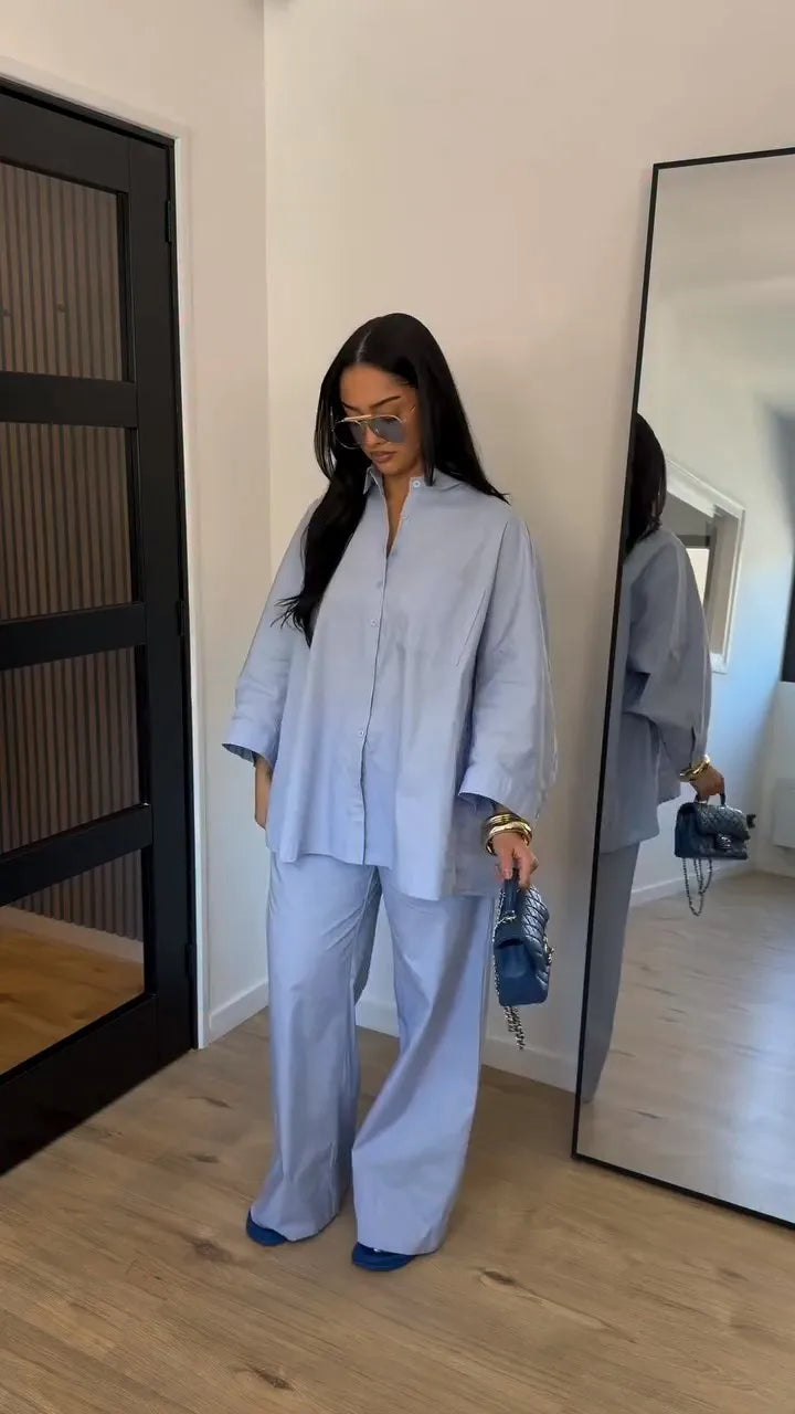Casual Solid Shirt and Wide Leg Pants Set for Women
