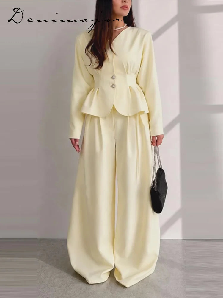 V-Neck Ruffle Coat and Wide Leg Pants Two-Piece Set for Women