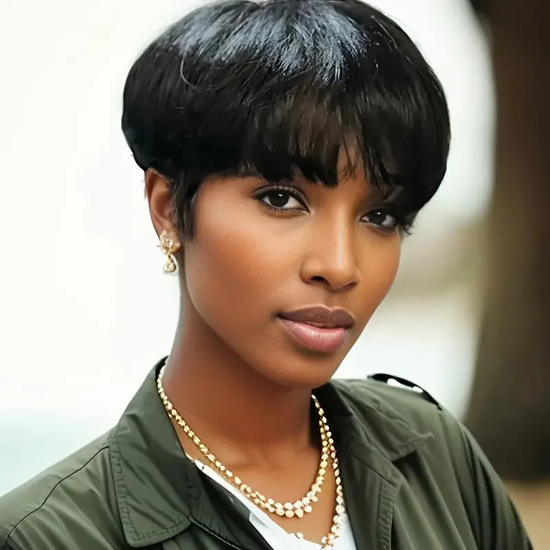 Layered Human Hair Pixie Bob Wig With Bangs for Women