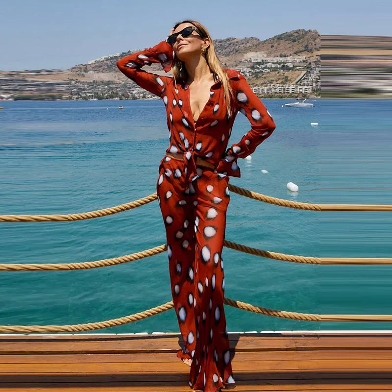 Elegant Vacation Print Shirt and Pants Set for Women