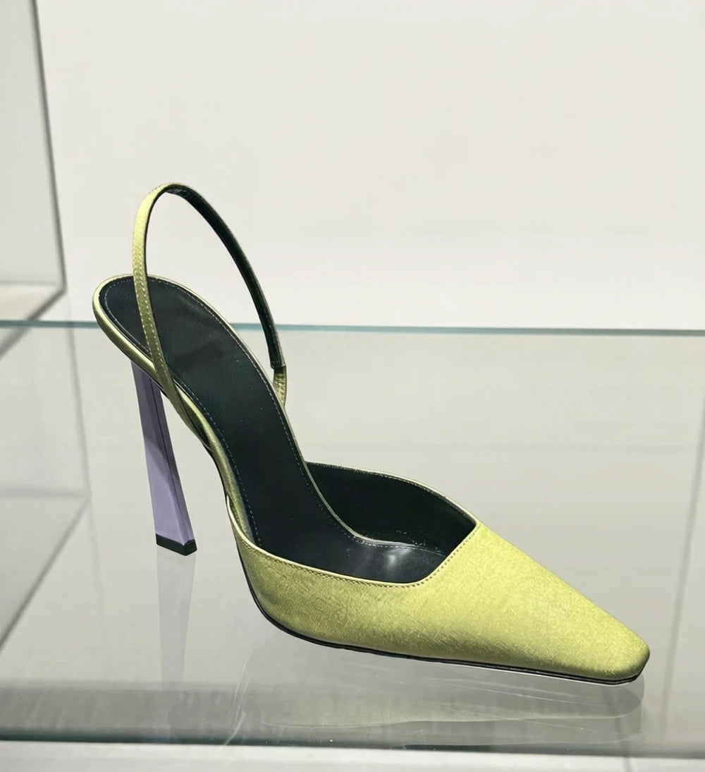Pointed Green Purple Satin Pumps