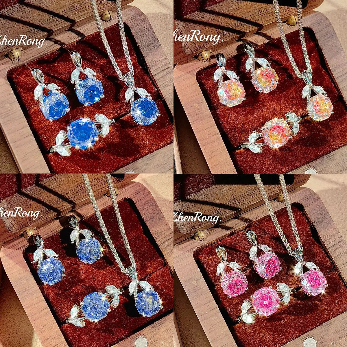 Rose Flower Cubic Zirconia Pendant Jewelry Set for Women