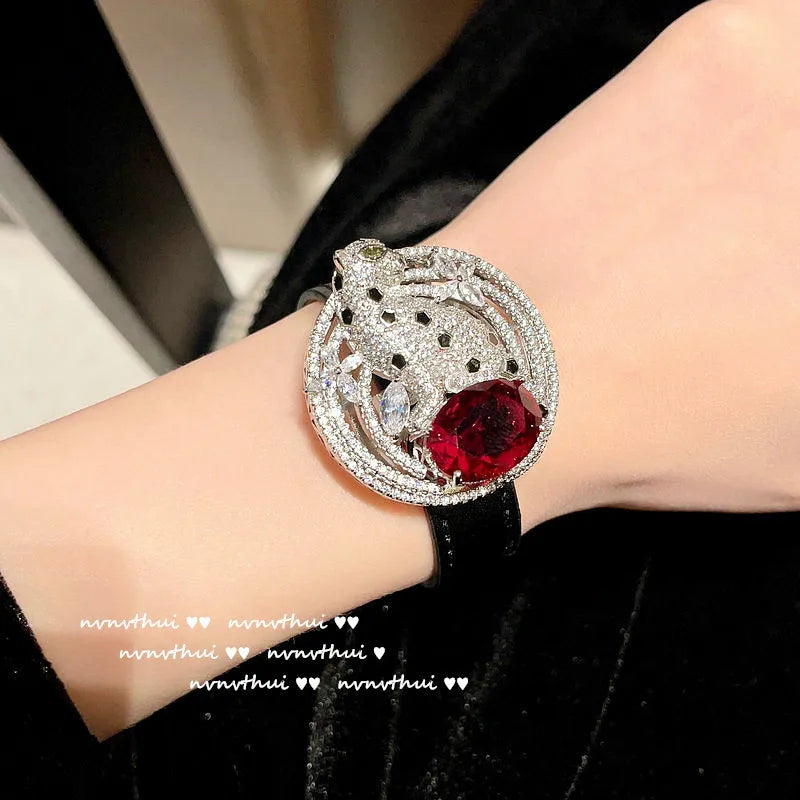 Vintage Leopard Ruby And Emerald Cuff Bracelet for Women
