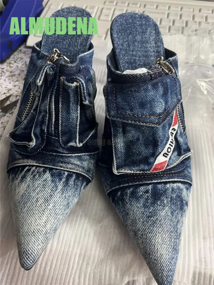 Denim Wrapped Thin High Heel Pointed Toe Pumps For Women