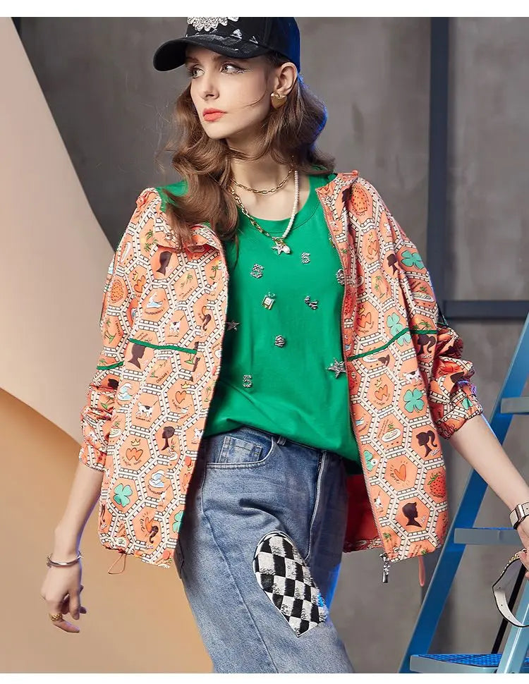 Women's Hooded Zipper Jacket, Casual Outerwear, Loose Tops, Print Doodle Coats, Female Clothing, Autumn, Winter, New