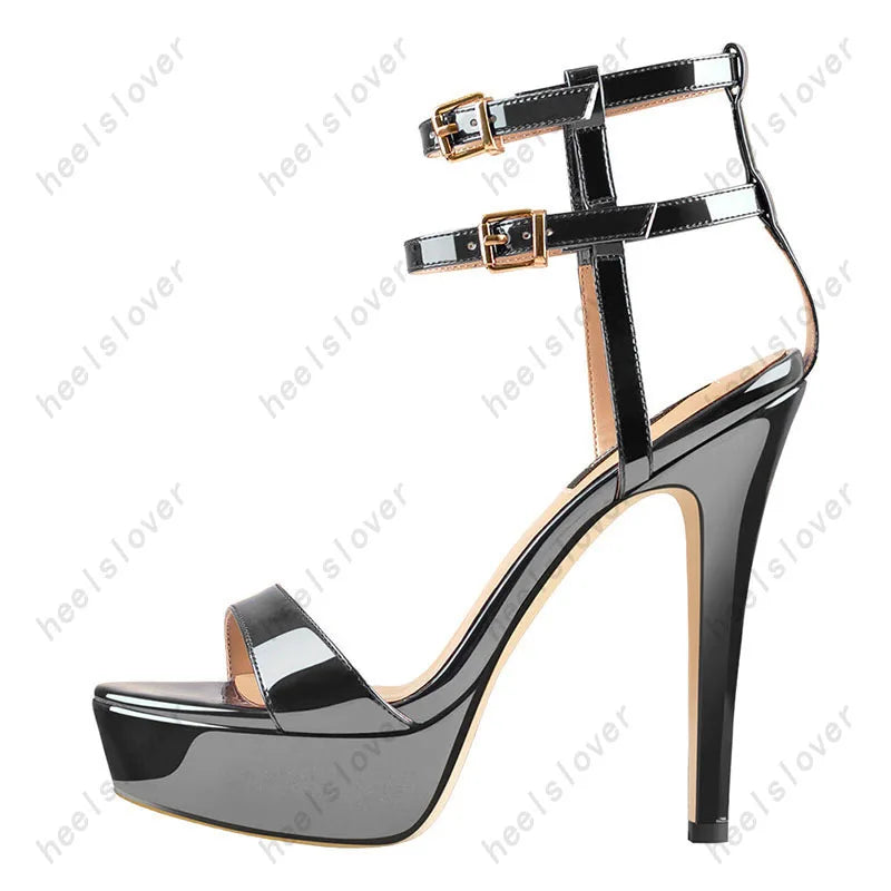 Glossy Blue Open Toe Platform Stiletto Sandals For Women