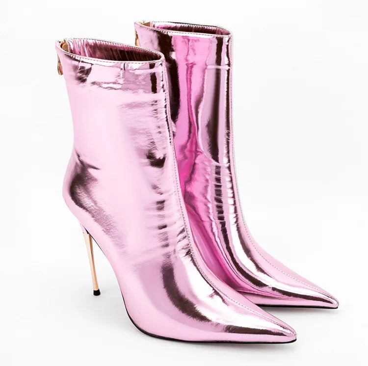 Shiny Blue Mirror Stiletto Boots with Side Zipper for Women