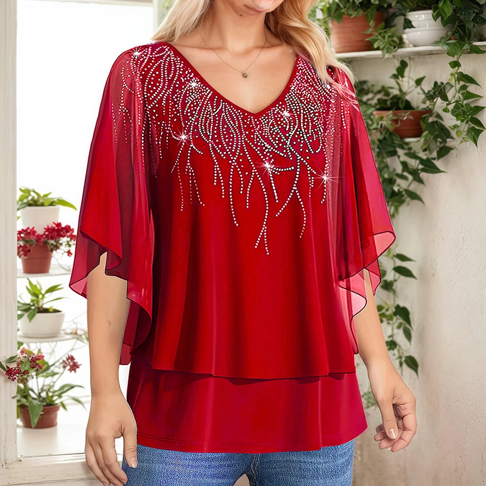 Women’s Plus Size Elegant Blouse Lace Patchwork 3/4 Sleeve Chiffon V-Neck Sequins Printed T-Shirt Double Layer Loose Female Tees