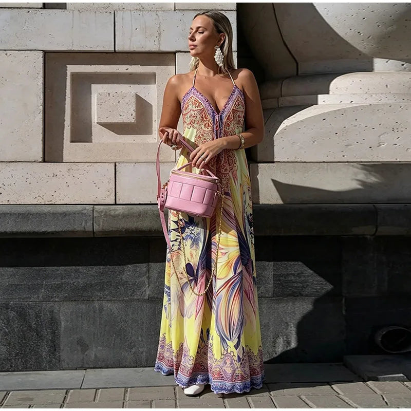 Beach Print Halter Neck Backless Long Dress for Women