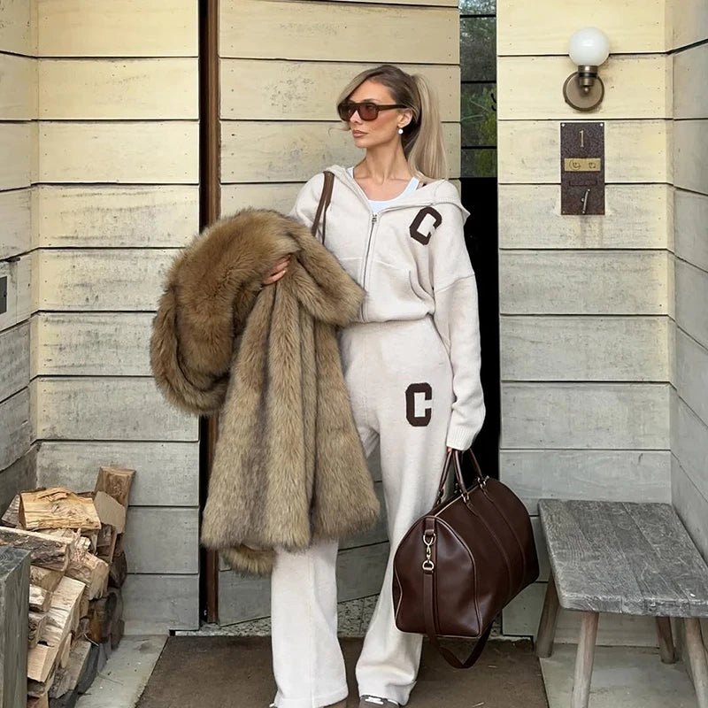 Letter Print Hooded Two Piece Set With Wide Leg Pants for Women