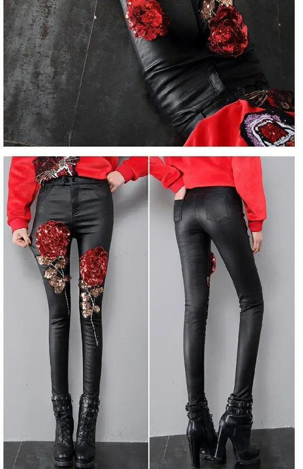 2025 Spring and Autumn Women's Leather Pants New Rose Sparkle Slim Fit Small Leg Pants Women's Bottom and Outer Wear