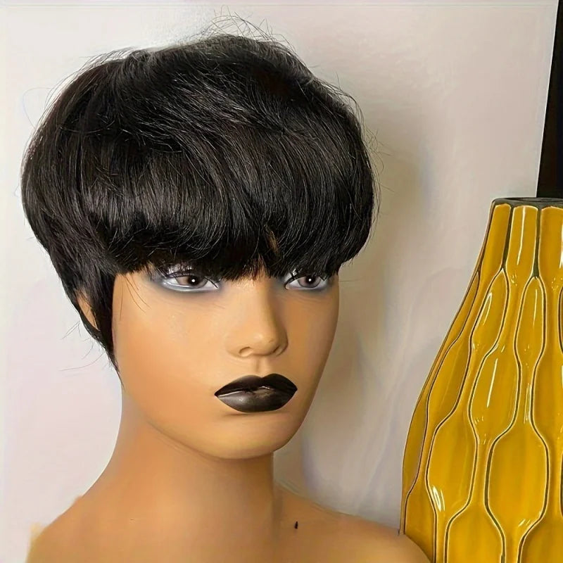 Pixie Cut Wig with Bangs Brazilian Remy Human Hair Natural Black Short Bob Style Full Machine Made wig