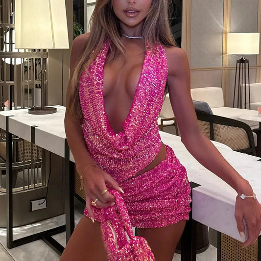 hirigin Women Sequin 2 Piece Outfit Sparkly Sexy Bodycon Sleeveless Halter Crop Top Split Mini Skirt Set Going Out Club Suit