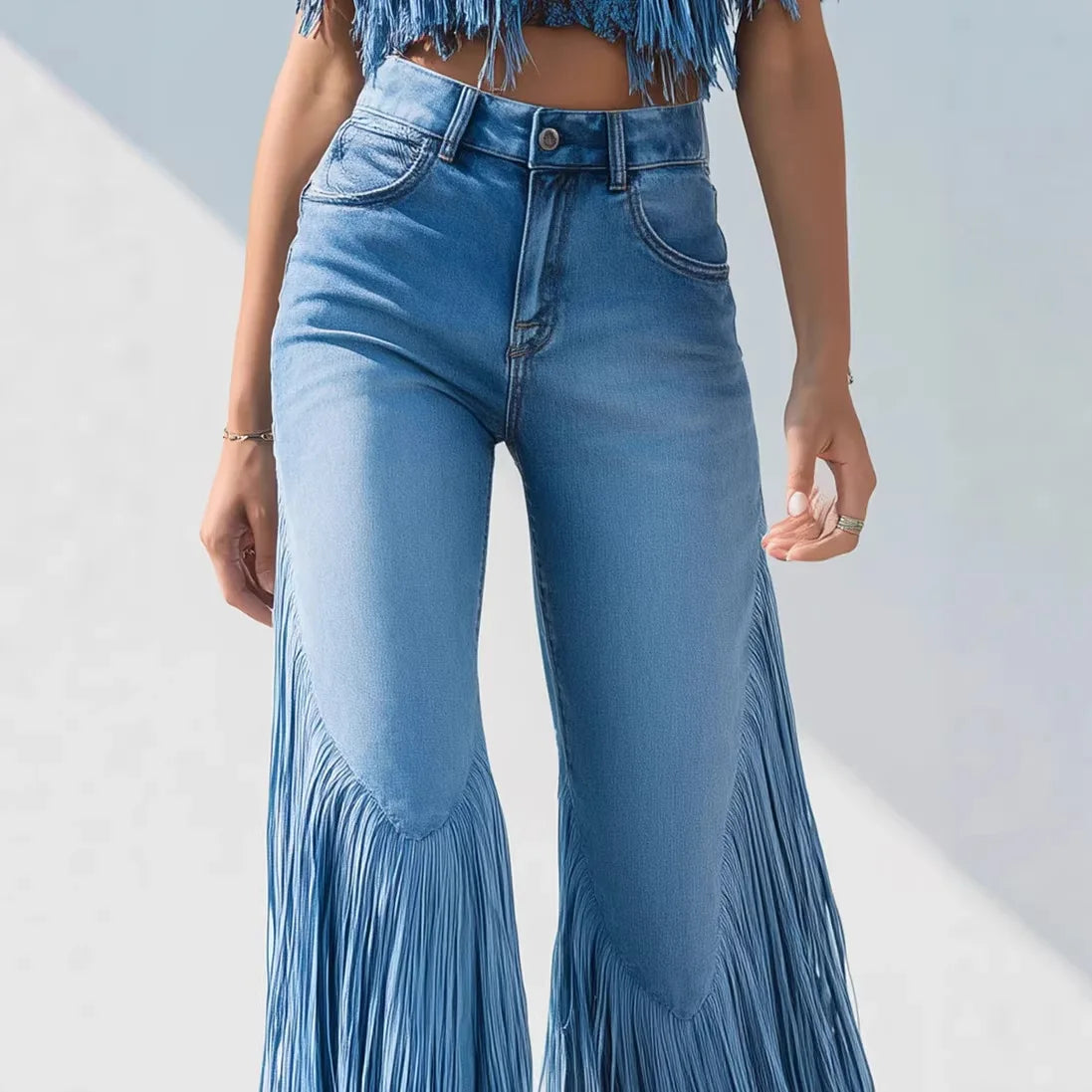 Dark Blue Loose Asymmetrical Tassel Denim Jeans For Women