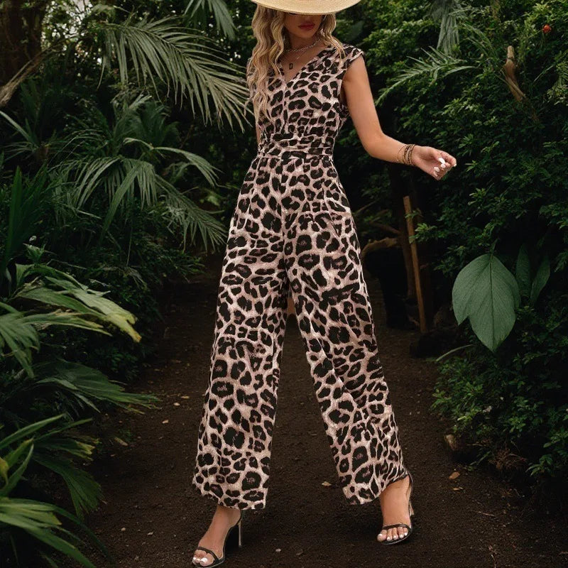 Leopard Print Sleeveless Wide Leg Jumpsuit for Women