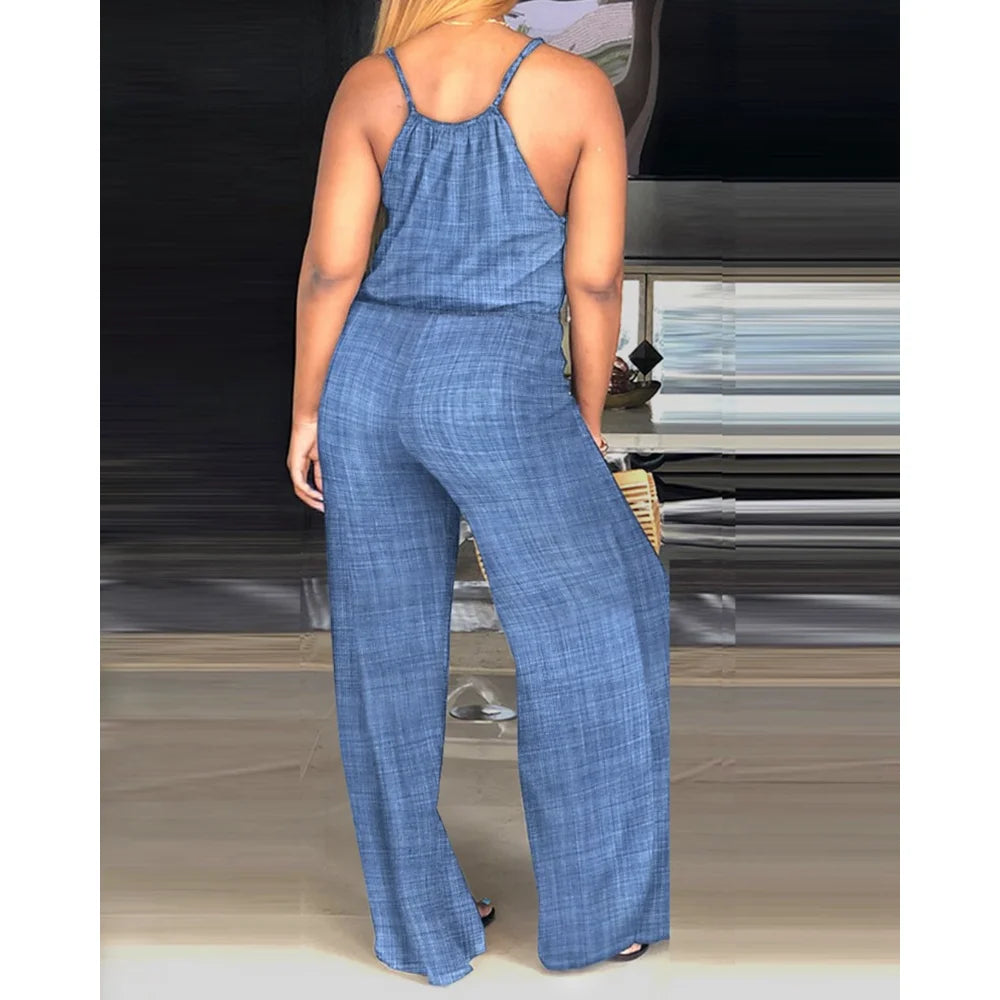 Women Solid Color Round Neck Wide Leg Straight Overalls Summer Spaghetti Strap Drawstring Waist Casual Black Jumpsuits