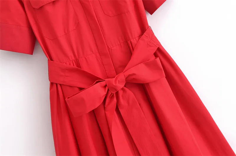 Lapel Casual Pockets Short Sleeve Shirt Dress for Women