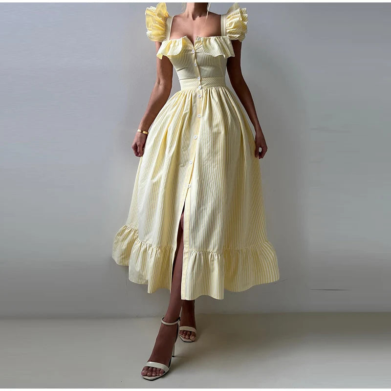 Solid Striped Fly Sleeve Women 's Dress Solid V-neck Single Breasted Draped Front Split Dressess Female Summer Lady Party Robes