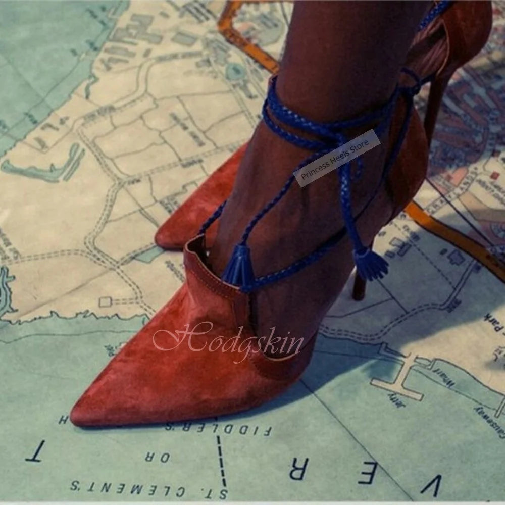 Pointed Toe Suede Straps Lace Up Sandals for Women