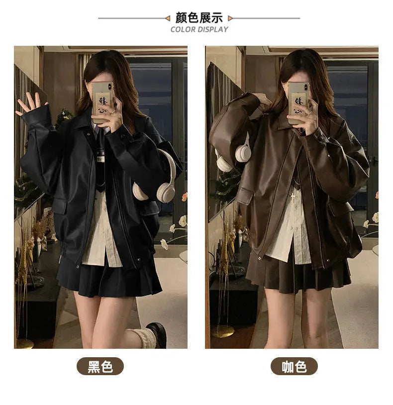 Short American Retro PU Leather Baseball Jacket for Women
